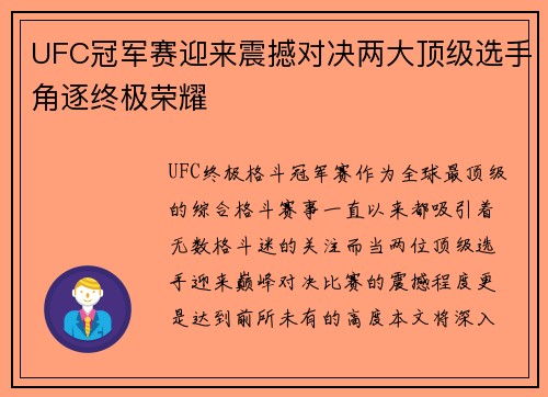 UFC冠军赛迎来震撼对决两大顶级选手角逐终极荣耀