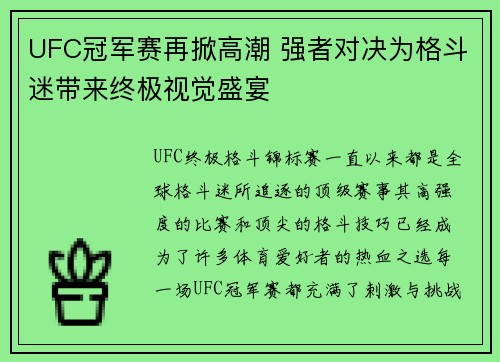 UFC冠军赛再掀高潮 强者对决为格斗迷带来终极视觉盛宴