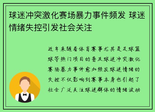 球迷冲突激化赛场暴力事件频发 球迷情绪失控引发社会关注