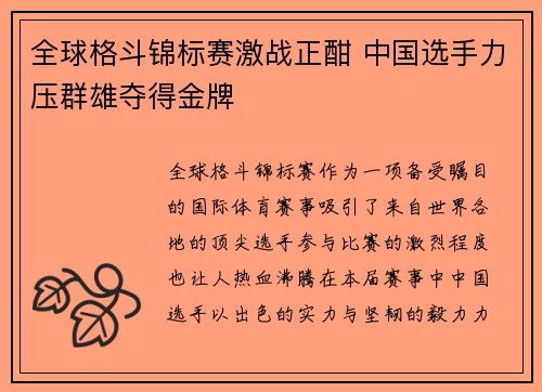全球格斗锦标赛激战正酣 中国选手力压群雄夺得金牌